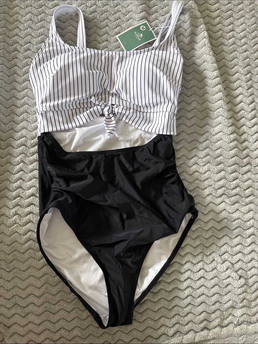 EoMENIE Striped Tie-Front Black & White One-Piece Swimsuit